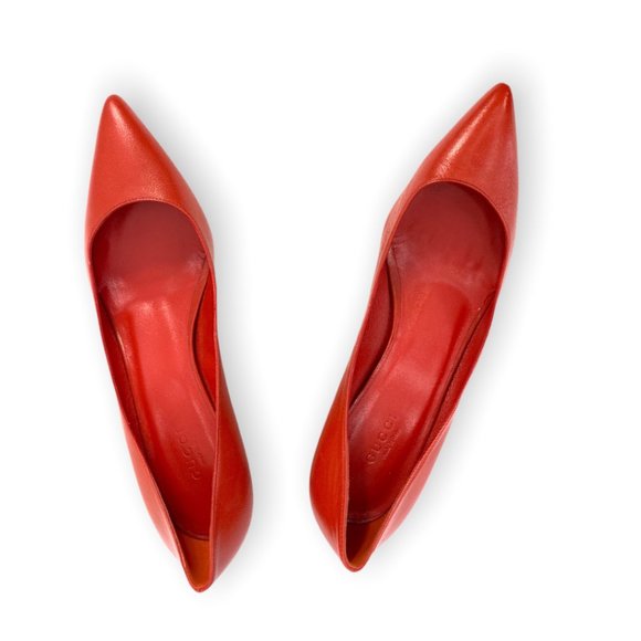 GUCCI Orange Red Oxidation Leather Gloria Kitten Heel Pumps Size 38.5 US 8.5 - Picture 4 of 15